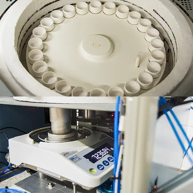 Furnace with dual carousel, 48 sample positions, and an integrated balance located below the furnace for precise, high-capacity analysis. Furnace with dual carousel, 48 sample positions, and an integrated balance located below the furnace for precise, high-capacity analysis.